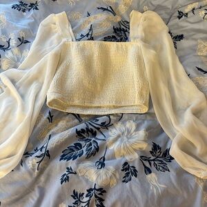 White ruched long sleeve top with puffy sleeves